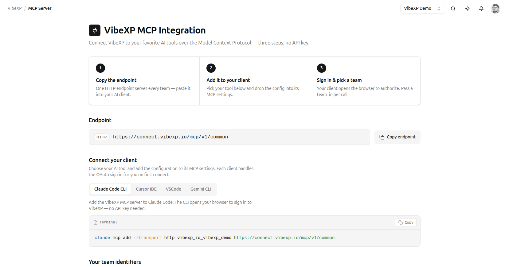 MCP connect: endpoint, the Claude Code one-liner, and client tabs